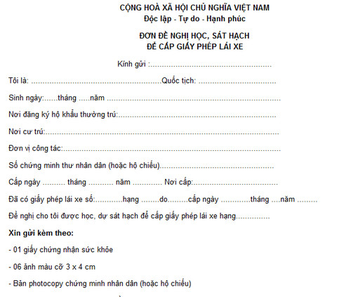 Đơn Đăng Kí Lái Xe-Học Lái Xe Bằng B TPHCM